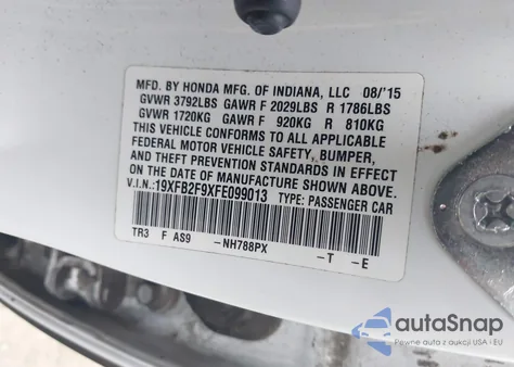 2015 Honda Civic Ex-L from USA, damaged, VIN 19XFB2F9XFE099013